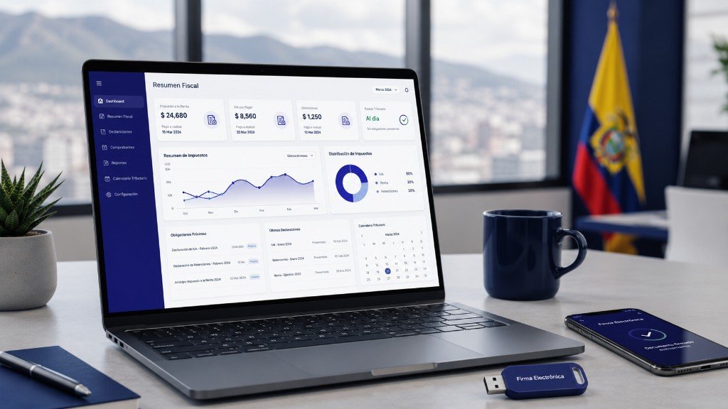 Laptop con resumen fiscal, firma electrónica y herramientas digitales para gestión tributaria en Ecuador